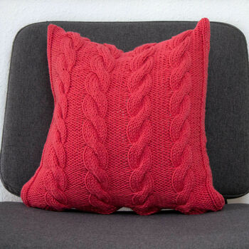 Hand Knit Chunky Cable Stitch Cushion In Salmon Pink, 4 of 5