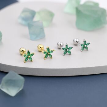 Sterling Silver Emerald Green Cz Flower Barbell Earrings, 8 of 12