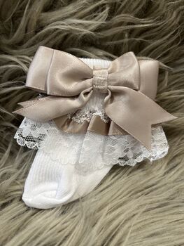 Taupe Ribbon And White Lace Baby Socks, 6 of 6