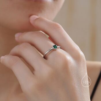 Sterling Silver Very Tiny Emerald Green Cz Heart Ring, 3 of 12