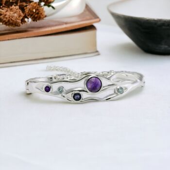 Hinged Sterling Silver Amethyst Iolite And Topaz Bangle, 2 of 8