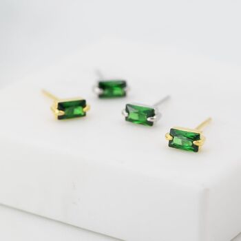Sterling Silver Tiny Baguette Cut Emerald Green Cz Stud Earrings, 2 of 12