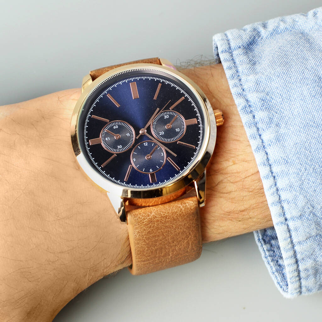 Personalised Mens Rose Gold Tone Watch With Brown Strap By Jacob Noah