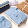 Luxury Storm Blue Bobble Hat And Cardigan Baby Gift Box, thumbnail 6 of 12