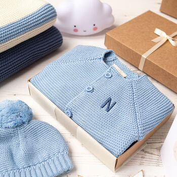 Luxury Storm Blue Bobble Hat And Cardigan Baby Gift Box, 6 of 12