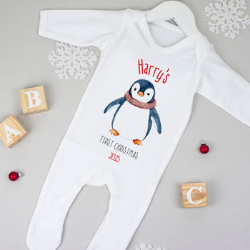 Personalised Baby's First Christmas Babygrow / Bodysuit Christmas Penguin, 2 of 7