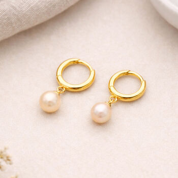 Gold Plated Sterling Silver Freshwater Pearl Huggie Hoop Earrings – 7mm Pearls, 2 of 6