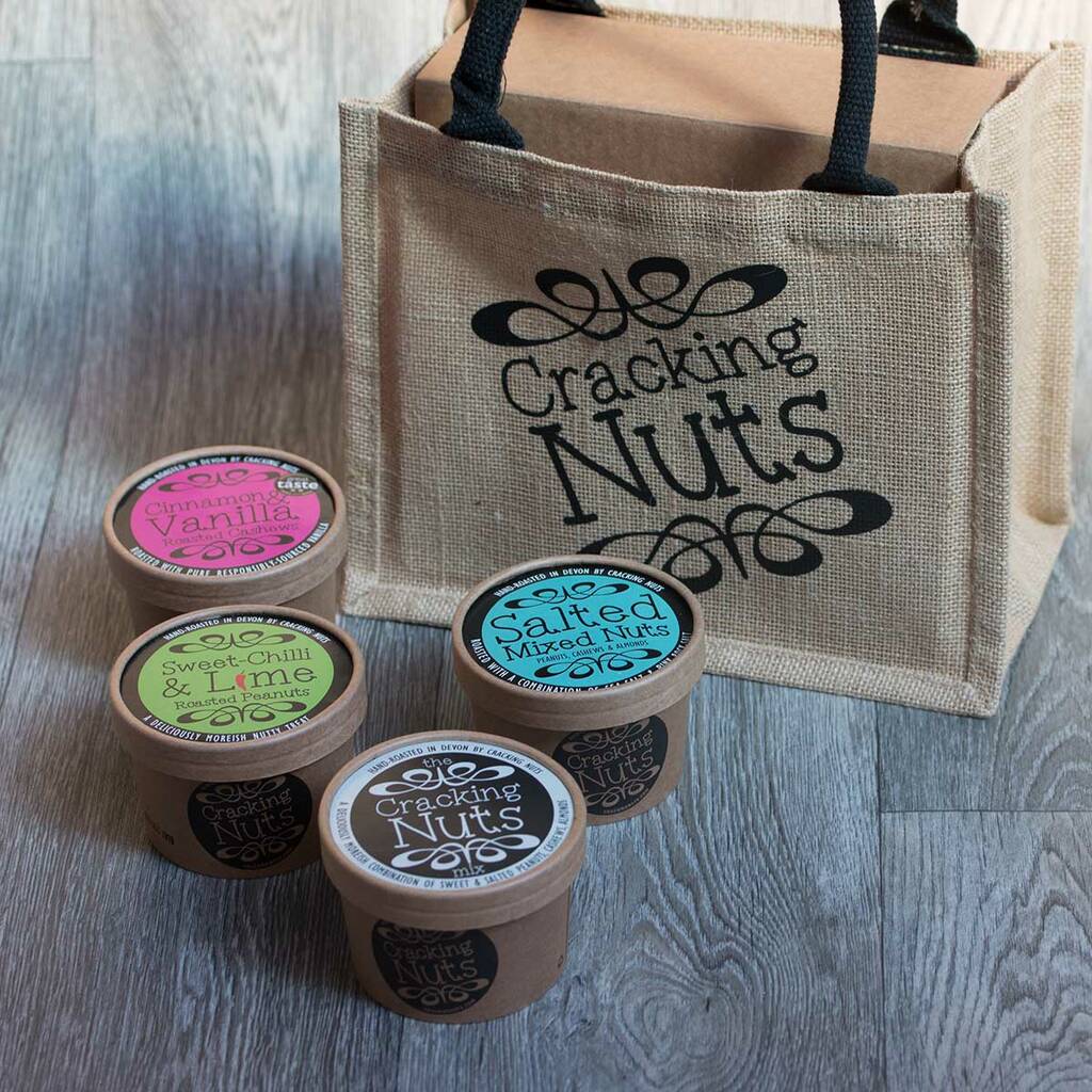 Gift Bag With Four Tubs Of Hand Roasted Nuts By Cracking Nuts
