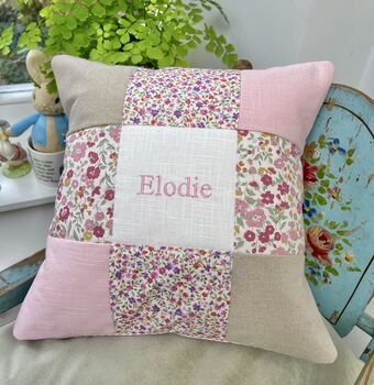 Ditsy Pink Patchwork Name Cushion, 2 of 9