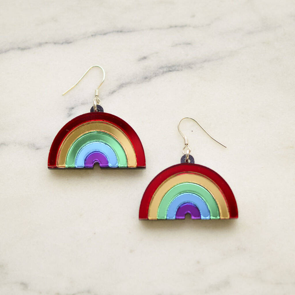 Sterling Silver Dichroic Glass Rainbow Red Comet Dangle Earrings