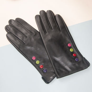 Black Leather Lined Gloves With Button Detail, 3 of 10