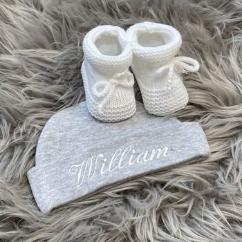 Personalised Embroidered Grey Newborn Baby Hat, 9 of 9