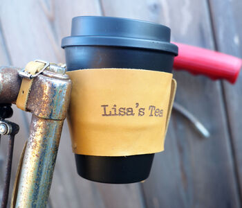 Personalised Reusable Coffee Cup Leather Bike Holder, 5 of 9
