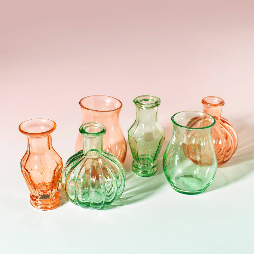 Set Of Three Coral Pink Glass Retro Vases, 1 of 4