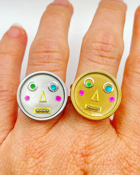 Statement Ring With Cute Robot Faces In Gold Or Silver, 6 of 10