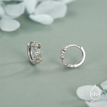 Sterling Silver Two Tone Daisy Huggie Hoop Earrings, 6 of 11