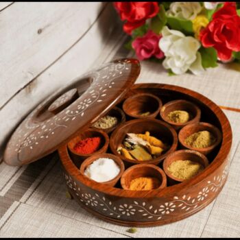 Wooden Handcrafted Round Spice Box With Spoon, 2 of 7