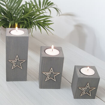 Trio Of Wooden Tea Light Holders Raised Star Design, 7 of 11