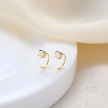 White Opal Huggie Hoop Earrings In Sterling Silver, 7 of 11