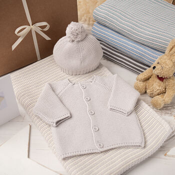 Baby Cosy Cardigan And Cream Mini Stripe Blanket Set, 3 of 10