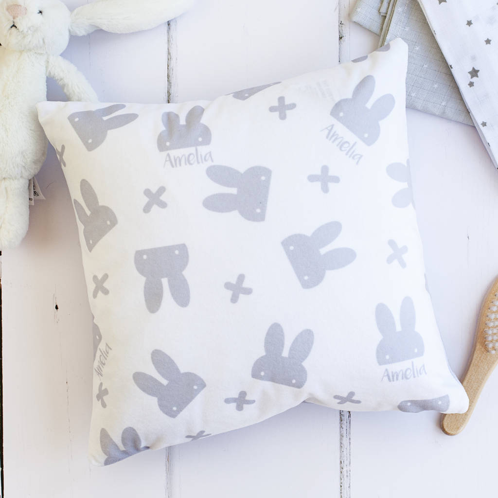 New Baby Personalised Grey Bunny Cushion, 1 of 4