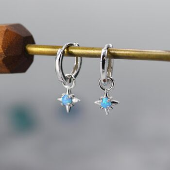 Sterling Silver Tiny Blue Opal Starburst Huggie Hoop Earrings, 8 of 12