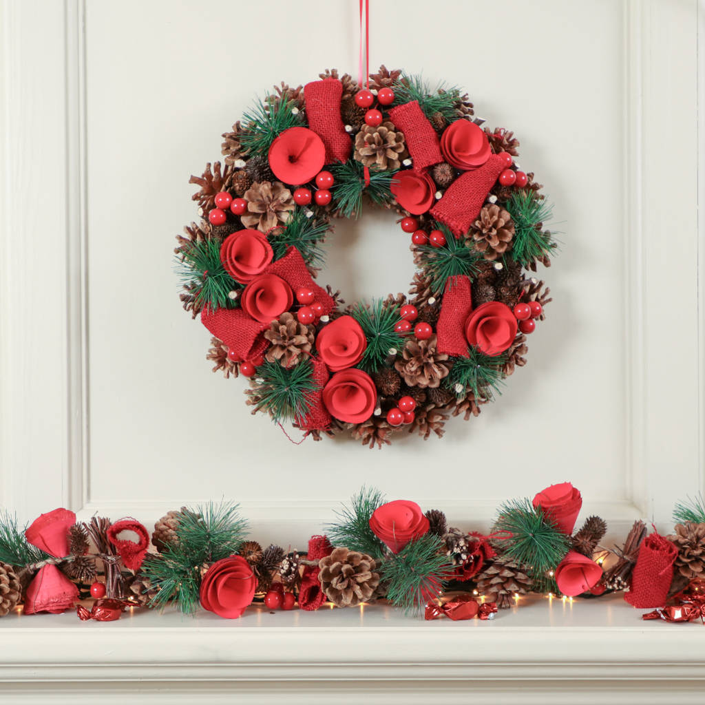Red Winter Rose Christmas Wreath And Garland By Dibor