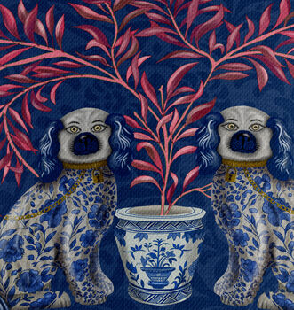 Staffordshire Dog Twins On Blue Lampshade, 3 of 5