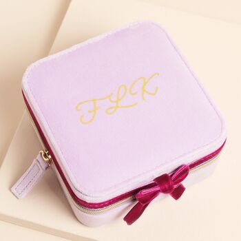 Personalised Lilac And Fuchsia Velvet Bow Square Travel Jewellery Case, 4 of 4