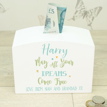 Personalised White Wooden New Baby Money Box, 2 of 5