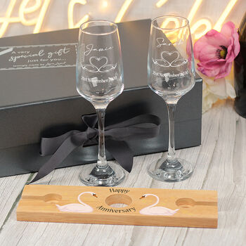Wedding Anniversary Swans Champagne Flutes And Bottle Butler Gift Set, 3 of 11