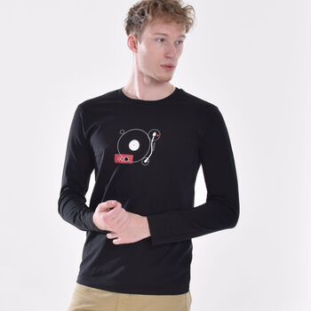 Turn Black Organic Long Sleeve Record Player T Shirt, 3 of 5
