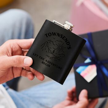 Personalised Hip Flask With Adventure Loving Design With Your Chosen Name, 3 of 5