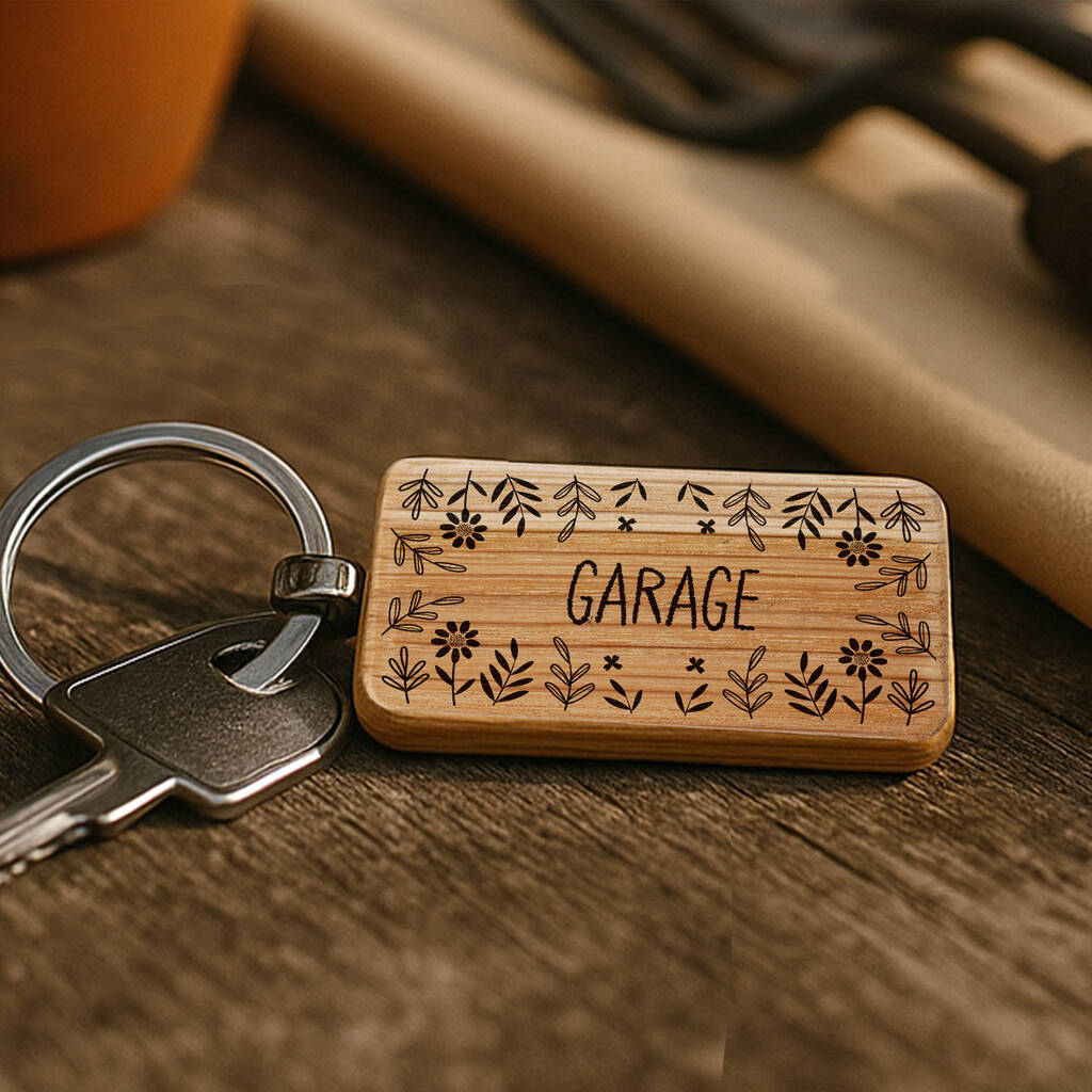 The Potting Shed 'Garage' Oak Rectangle Keyring | Accessory | Handbag | Keychain, 1 of 2