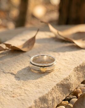 Golden Heart Handmade Silver Spinner Ring Hammered Band, 2 of 3