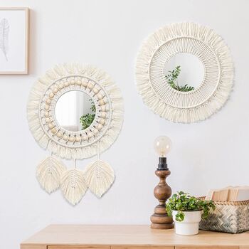 Two Pieces Hanging Wall Mirror With Macrame Fringe, 3 of 7
