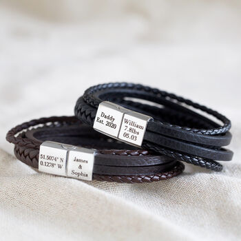 Men's Personalised Leather Straps Bracelet In Box, 2 of 11