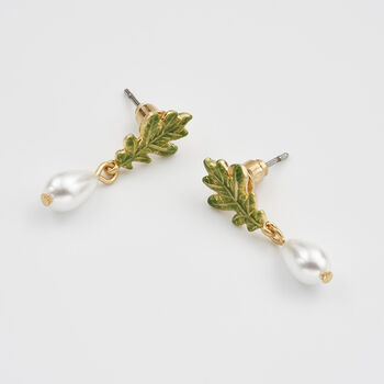 Oak Leaf Pearl Drop Gold Earrings, 5 of 8