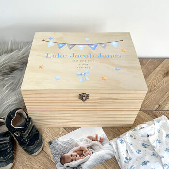 Personalised Blue Garland New Baby Keepsake Box, 2 of 8