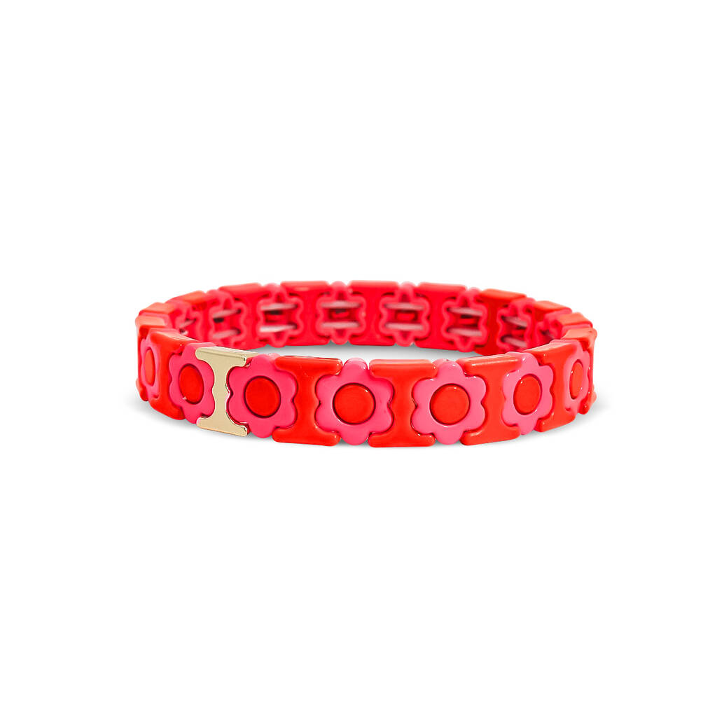 Red And Neon Pink Flower Metal Beaded Bracelet