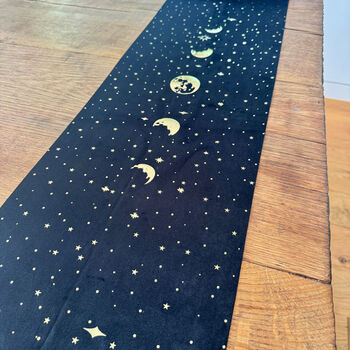 Cosmic Spirit Moons Table Runner Black And Gold Velvet 28cmx3m, 2 of 3