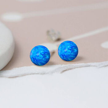 Sterling Silver Blue Opal Bead Stud Earrings, 2 of 8