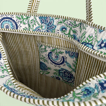 Blue And Green Block Print Floral Quilted Cotton Tote Bag, 3 of 5