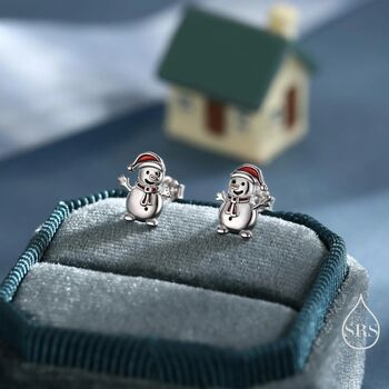 Sterling Silver Cute Snowman With Christmas Hat Stud Earrings, 2 of 11