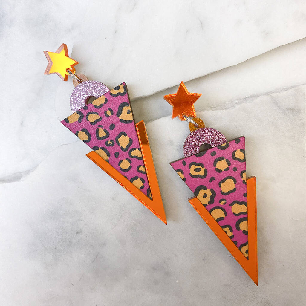 Wild Pink Leopard Print Triangle Drop Earrings By Esoteric London