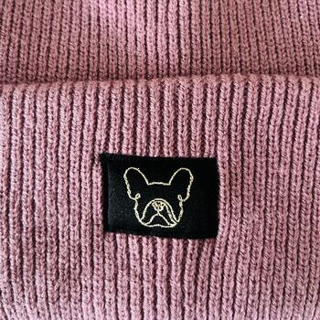Deep Cuff Pink Beanie With Embroidered French Bulldog, 3 of 4