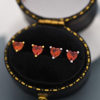 Sterling Silver Tiny Garnet Red Cz Heart Stud Earrings, 5 of 12