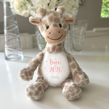 Personalised Born In 2026 Giraffe Teddy Bear 34cm – New Baby, Christening Or 1st Birthday Gift, 8 of 9