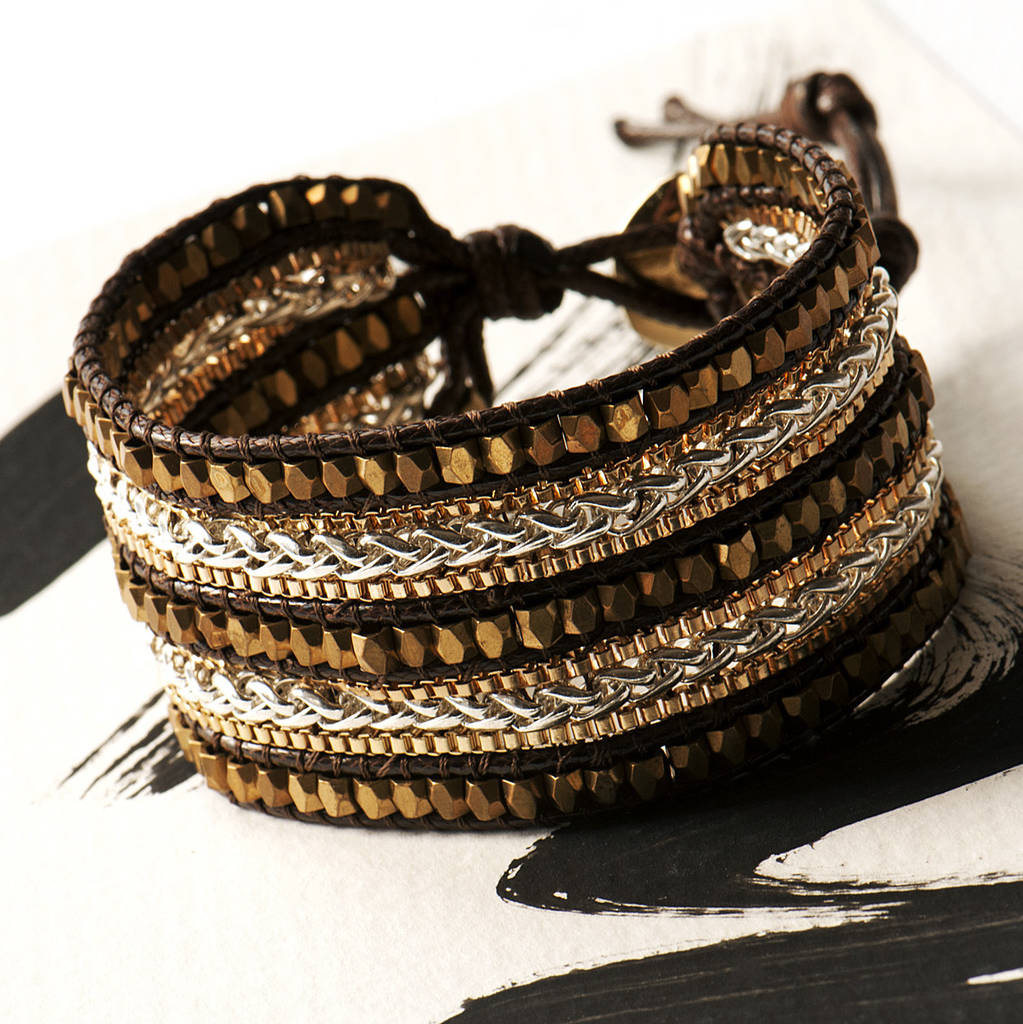 Bronze Cuff Bracelet With Faceted Crystals By Grace & Valour