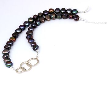 Statement Peacock Pearl Necklace With Three Silver Rings, 3 of 7